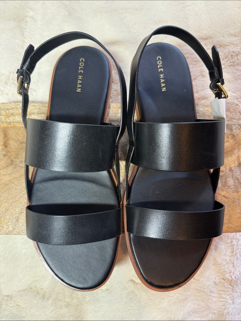 NEW Cole Haan Black Leather Two-Strap Slingback Sandals